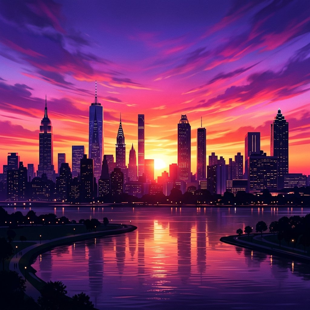 Modern NYC & ATL city skyline at sunset